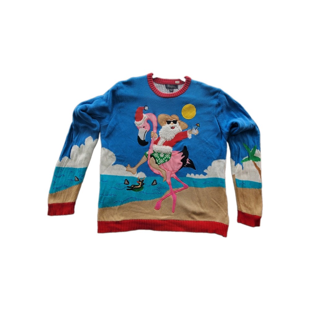 33 Degrees Ugly Christmas Sweater Flamingo Santa On Beach Size XXL